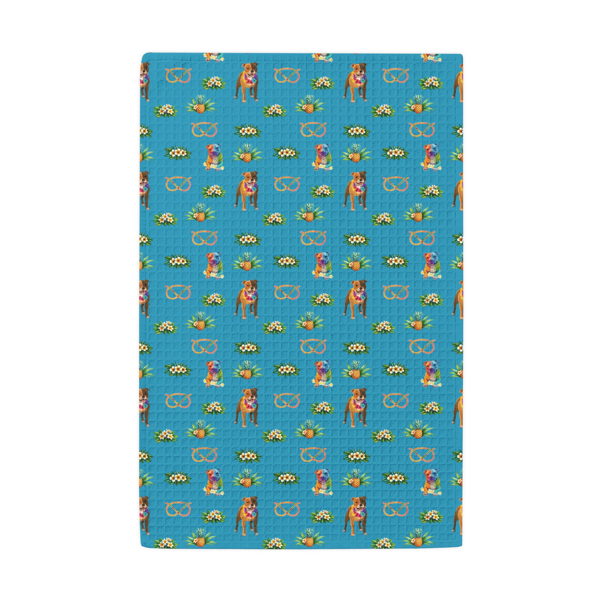 Blue Waffle-Weave Kitchen Towel with Retro Floral & Stafford Pattern - Image 2
