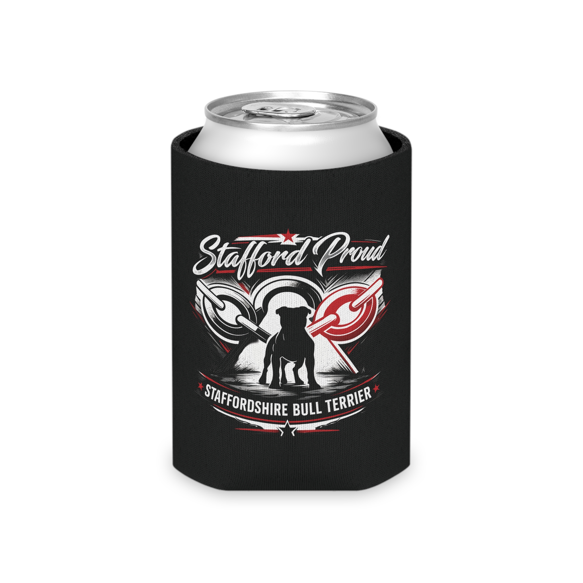 Stafford Proud Can Cooler — Staffordshire Bull Terrier Silhouette Drink Koozie - Image 3