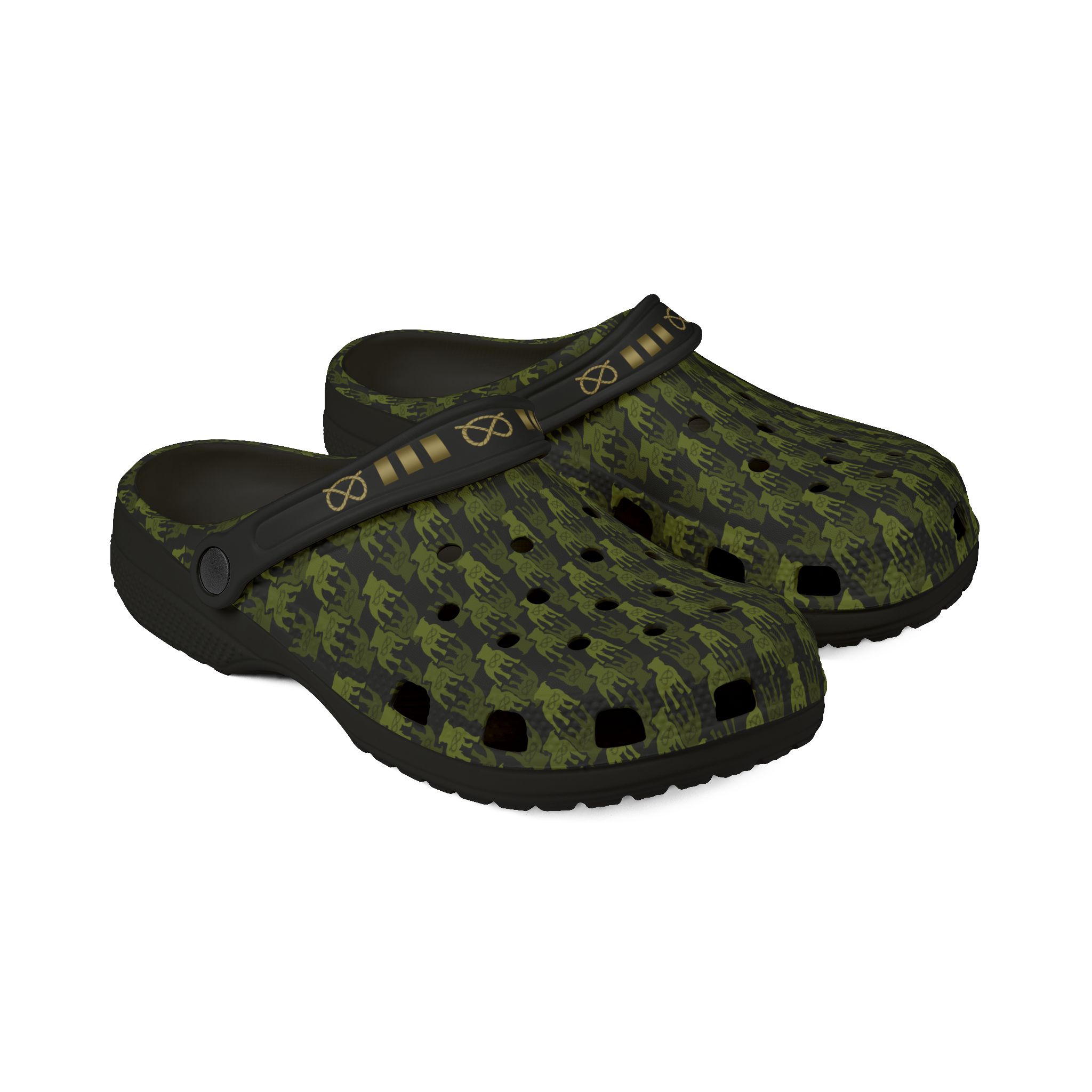 Stafford Camo EVA Foam Clogs — Brass Stafford Knot collar design Slip-On Shoes