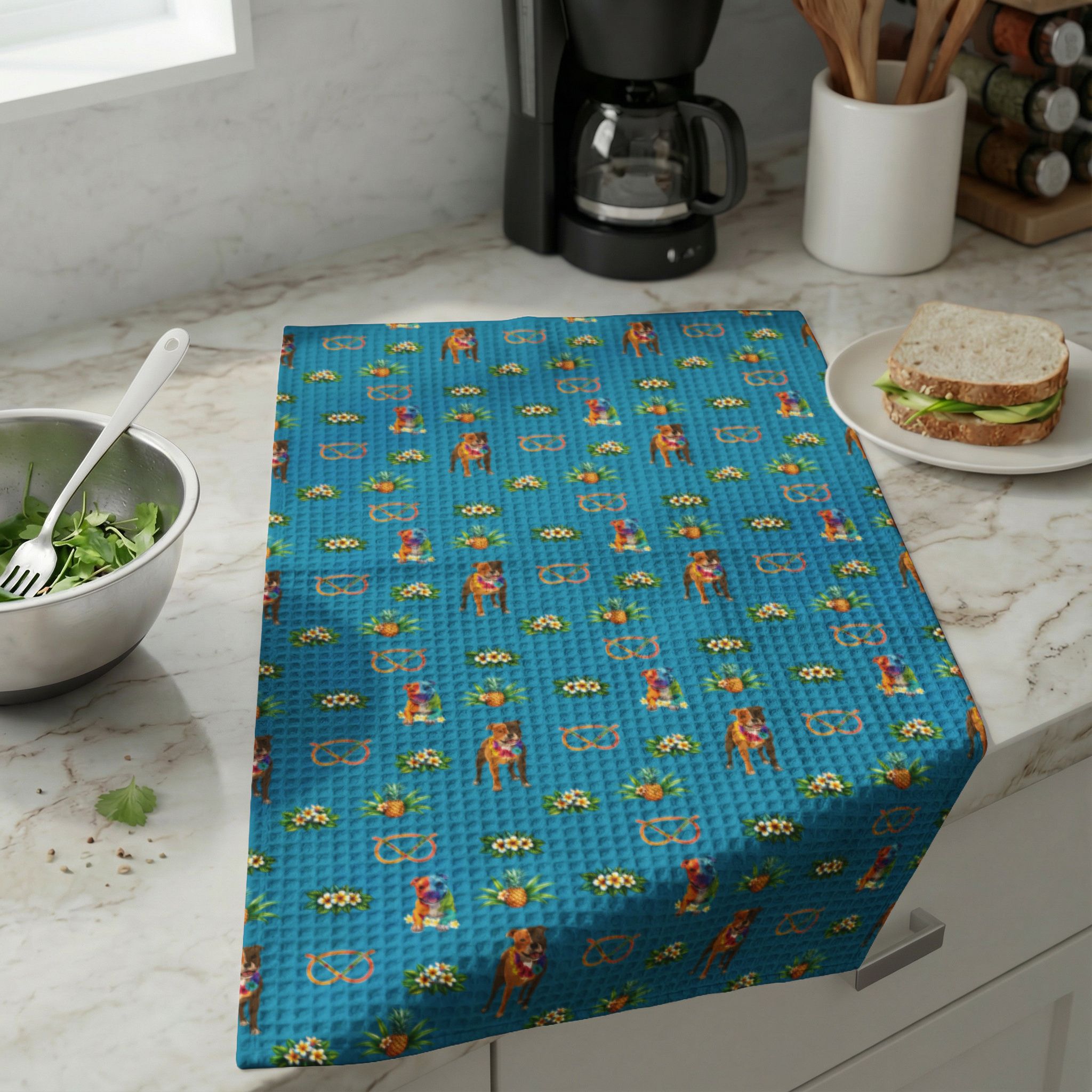 Blue Waffle-Weave Kitchen Towel with Retro Floral & Stafford Pattern